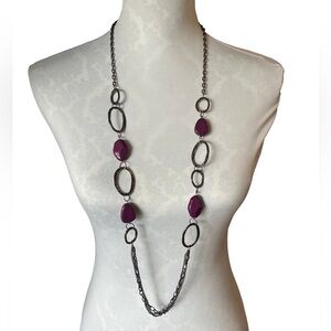 Long Purple Beaded Statement Necklace with Silver Chain & Oval Links